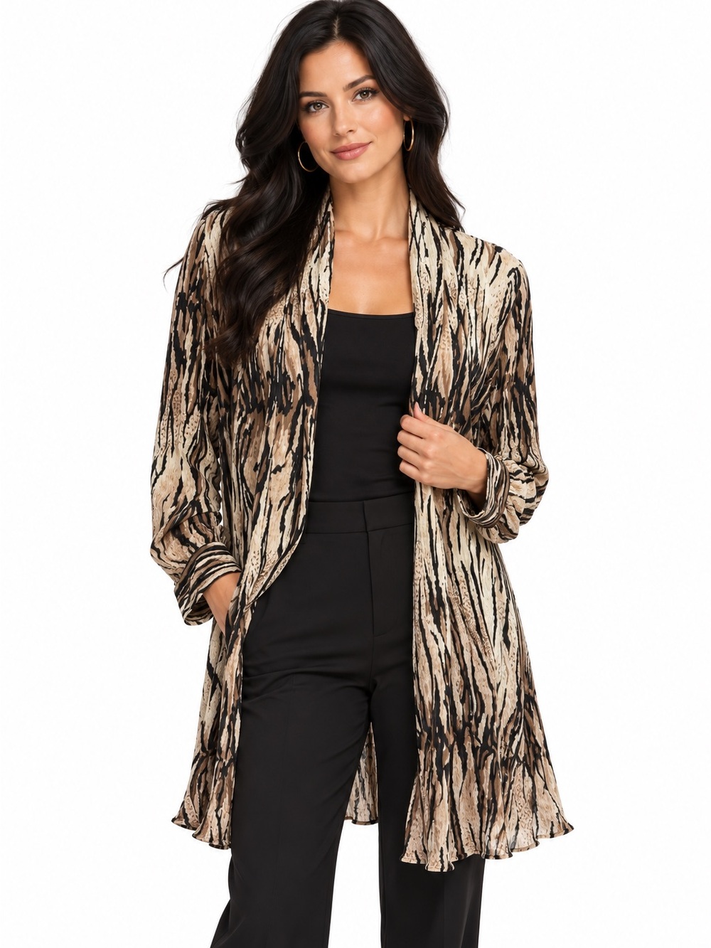 Jackets Galore Animal Print Open Cardigan in Black & Cream Lightweight Duster XL